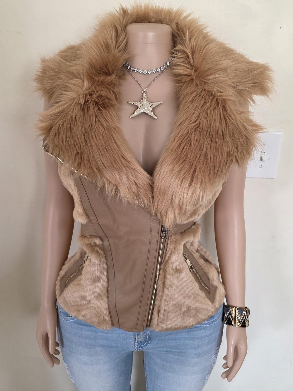 Guess Women's Faux Fur Trim Tan Jacket Vest